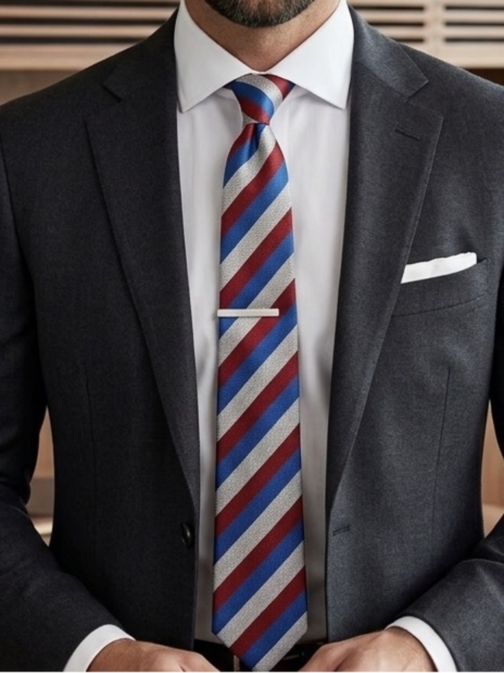 Classic Striped Men's Tie - 100% Cotton - Red, Blue & White